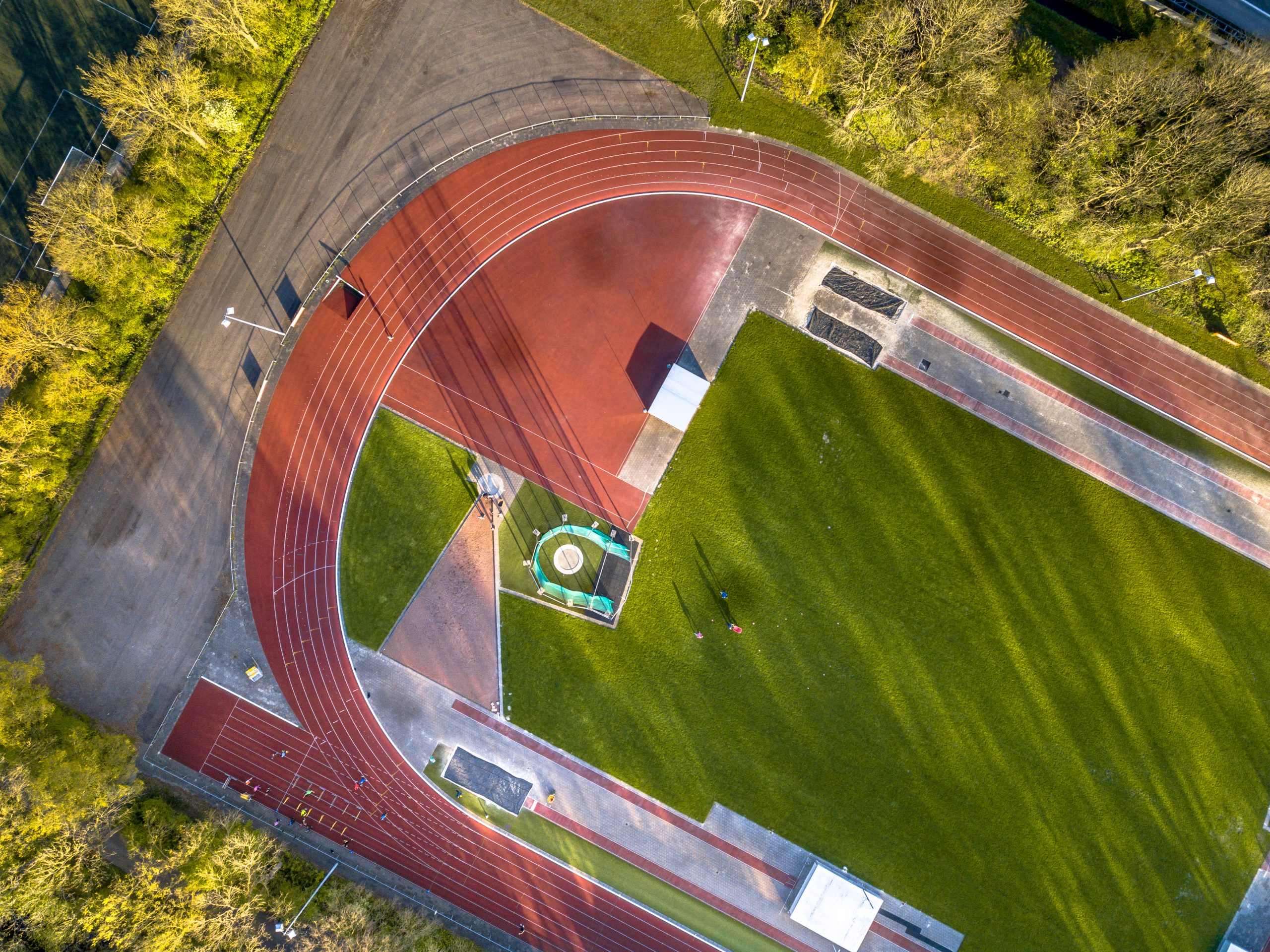 Running athletic competition track complex from above